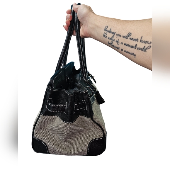 Black Leather Canvas Tote Padlock Bag Purse Designer Style Hand Shoulderbag - Picture 3 of 8